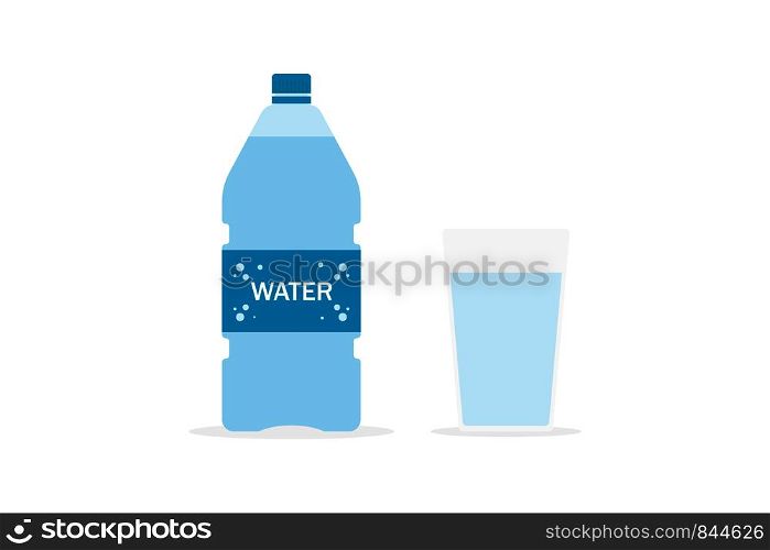Bottle of water and glass of water isolated blue plastic. Mineral water with shadows on white background. EPS 10. Bottle of water and glass of water isolated blue plastic. Mineral water with shadows on white background.