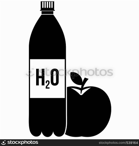 Bottle of water and red apple icon in simple style on a white background. Bottle of water and red apple icon, simple style