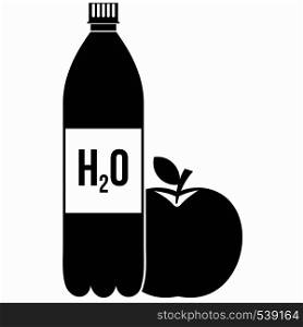 Bottle of water and red apple icon in simple style on a white background. Bottle of water and red apple icon, simple style