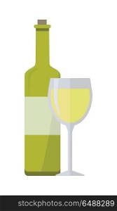 Bottle of White Wine and Glass Isolated. Bottle of white wine and glass isolated on white. Check elite vintage light wine. Winemaking concept. Vine icon or symbol. Part of series of viniculture production and preparation items. Vector