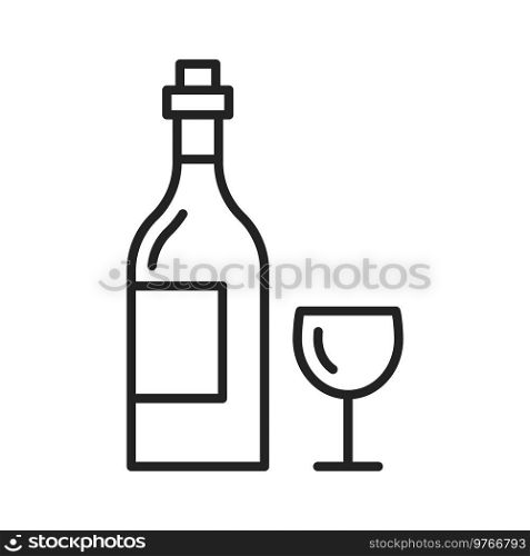 Bottle of wine and glass isolated line art. Vector ch&agne and glassware. Glass of wine and bottle isolated