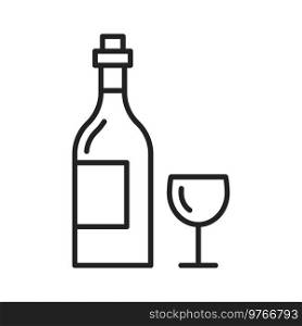 Bottle of wine and glass isolated line art. Vector ch&agne and glassware. Glass of wine and bottle isolated