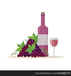 Bottle of Wine and Wineglass. Bottle of red wine and wineglass with bunches of wine grapes. Bottle with label and glass of red wine. Wineglass full of red wine. Wine icon. Vineyard grape icon. Red grapes icon.