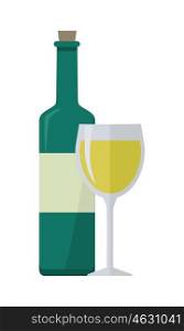 Bottle of Wine and Wineglass. Bottle of white wine and wineglass. Bottle with label and glass of white wine. Wineglass full of white wine. Wine icon. Isolated object in flat design on white background. Vector illustration.