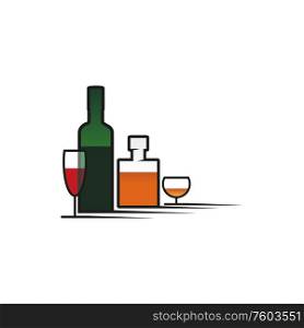 Bottle of wine and wineglass, cognac and glass isolated booze. Vector spirits alcohol drinks. Cognac and wine, spirits in glasses isolated