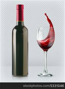 Bottle of wine and wineglass. Red splash. 3d realism, vector icon with transparency