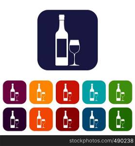 Bottle of wine icons set vector illustration in flat style in colors red, blue, green, and other. Bottle of wine icons set