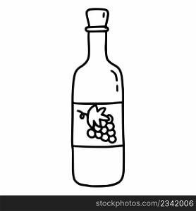 Bottle of wine made from grapes. Vector doodle illustration. Sketch.