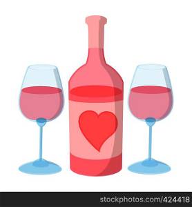 Bottle of wine with two wine glasses for Valentines Day cartoon icon on a white background. Bottle of wine with two wine glasses