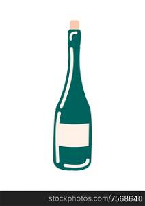 Bottle of wine without label vector isolated icon. Champagne or winery product alcohol drink package made of green glass, wooden cork. Unopened holiday beverage. Bottle of Wine Without Label Vector Isolated Icon