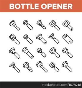 Bottle Opener Collection Elements Icons Set Vector Thin Line. Different Style Metal Cap Container Opener, Bar And Kitchen Utensil Concept Linear Pictograms. Monochrome Contour Illustrations. Bottle Opener Collection Elements Icons Set Vector