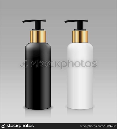 Bottle pump white and black with gold cap products collection, design on gray background, Eps 10 vector illustration