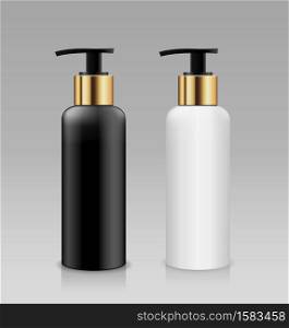 Bottle pump white and black with gold cap products collection, design on gray background, Eps 10 vector illustration
