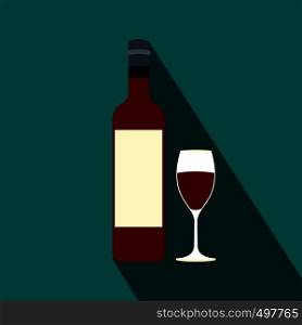 Bottle red wine and glass flat icon with shadow on the background. Bottle red wine and glass flat icon