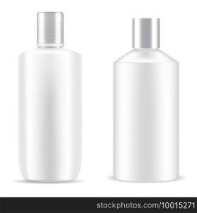 Bottle sh&oo cosmetic. White package plastic mockup. Cosmetic product cylinder container, bath gel realistic tubular design. Beauty container vector object, skin care packing template collection. Bottle sh&oo cosmetic. White package mockup, gel