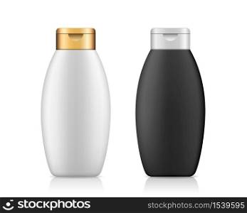 Bottle shampoo products black and white with gold and white cap, collection template design isolated on white background, vector illustration
