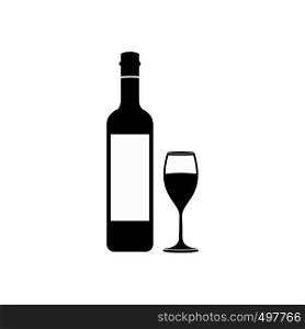 Bottle wine and glass icon. Black simple style. Bottle wine and glass icon