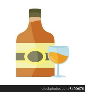 Bottle with Alcohol Vector in Flat Style Design. . Bottle with alcohol vector in flat style. liqueur, brandy whiskey, cognac illustration for beverages concepts, grocery store advertising, icons, infograqphic element. Isolated on white background.