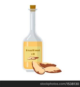 Bottle with brazil nut oil. Liquid extracted from kernels used for nourishment to skin and hair. Glass container with label flat cartoon vector illustration.