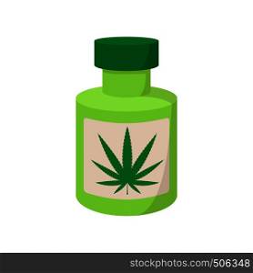 Bottle with buds of medical marijuana icon in cartoon style on a white background. Bottle with buds of medical marijuana icon