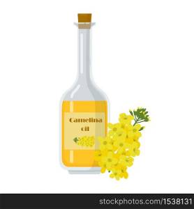 Bottle with camelina sativa oil. False flax liquid in glass container. Botanical flowering plant, german sesame, and siberian oilseed vector illustration.