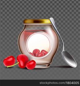 Bottle With Cherry Berries Jam And Spoon Vector. Blank Glass Jar With Vitamin Organic Canned Cherry Fruit And Kitchen Utensil For Eat Sweet Juicy Dessert. Glassware Template Realistic 3d Illustration. Bottle With Cherry Berries Jam And Spoon Vector