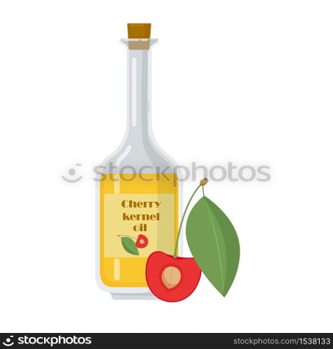 Bottle with cherry kernel oil isolated on white background. Natural ingredient for aromatherapy and skin care. Organic liquid flat vector illustration.