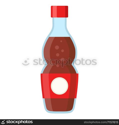 Bottle with cola and red label in cartoon flat style on white, stock vector illustration
