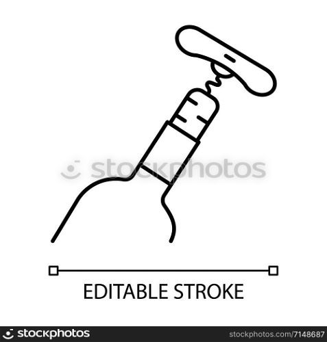 Bottle with cork and corkscrew linear icon. Wine service thin line illustration. Winery tool contour symbol. Alcohol beverage, aperitif, drink. Vector isolated outline drawing. Editable stroke