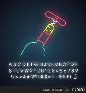 Bottle with cork and corkscrew neon light icon. Wine service. Winery tool. Alcohol beverage. Sommelier, barman equipment. Glowing sign with alphabet, numbers and symbols. Vector isolated illustration