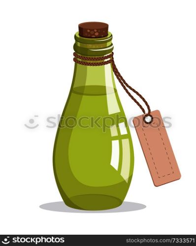 Bottle with cork and tag, aromatic oil in glass bottle with piece of paper, essence made of herbs, herbs and oil vector illustration isolated on white. Bottle with Cork and Tag, Vector Illustration