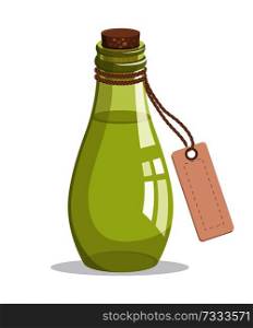 Bottle with cork and tag, aromatic oil in glass bottle with piece of paper, essence made of herbs, herbs and oil vector illustration isolated on white. Bottle with Cork and Tag, Vector Illustration