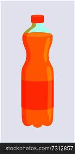 Bottle with fizzy beverage, plastic container with sweet liquid, cap and label of orange color, supermarket product isolated on vector illustration. Bottle with Fzzy Beverage Vector Illustration