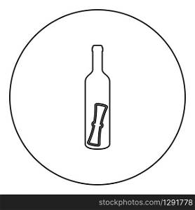 Bottle with letter Message concept Folded scroll document in old container icon in circle round outline black color vector illustration flat style simple image. Bottle with letter Message concept Folded scroll document in old container icon in circle round outline black color vector illustration flat style image