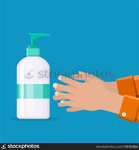 Bottle with liquid soap and hands. Man washes hands, hygiene. Shower gel or shampoo. Plastic bottle with dispenser for cleaning products.vector illustration in flat style. Bottle with liquid soap and hands.