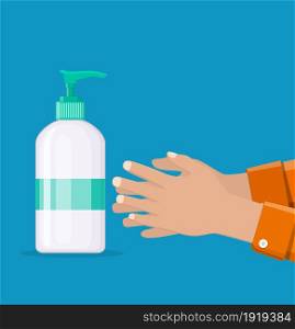 Bottle with liquid soap and hands. Man washes hands, hygiene. Shower gel or shampoo. Plastic bottle with dispenser for cleaning products.vector illustration in flat style. Bottle with liquid soap and hands.