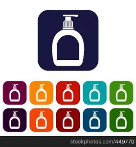 Bottle with liquid soap icons set vector illustration in flat style In colors red, blue, green and other. Bottle with liquid soap icons set flat