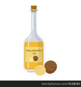 Bottle with macadamia oil and nuts isolated on white background. Glass container with cork and label with picture. Healthy and organic food vector illustration.