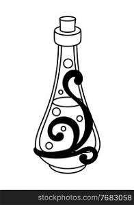Bottle with magic elixir or potion. Mystic, alchemy, spirituality, tattoo art. Isolated vector illustration. Black and white simbol.. Bottle with magic elixir or potion. Mystic, alchemy, spirituality, tattoo art.