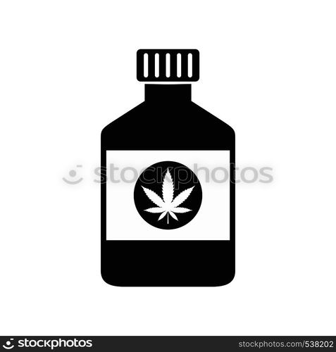 Bottle with medical marijuana icon in black simple style isolated on white background. Bottle with medical marijuana icon