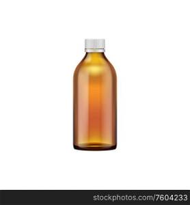 Bottle with medical remedy isolated container with cover mockup. Vector medicine suspension. Medical remedy or mixture in bottle, white cover