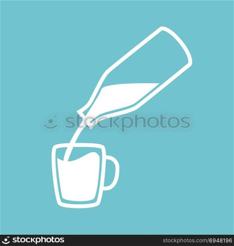 Bottle with milk and cup.. Natural milk symbol or logo. Milk pouring from a bottle in cup. Concept idea for buisness. Vector illustration.