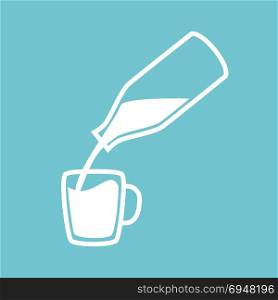 Bottle with milk and cup.. Natural milk symbol or logo. Milk pouring from a bottle in cup. Concept idea for buisness. Vector illustration.