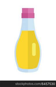 Bottle with oil vector. Flat design. Small jar filled vegetable oil. Cooking base product. Sunflower, olive oil Illustration for icon, label, print, logo, menu design, food infographics. Isolated on white.. Bottle with Oil Flat Design Vector Illustration.