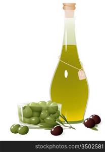 Bottle with olive oil, olive branch and olives in a bowl