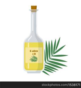 Bottle with palm oil isolated on white. Liquid for food, pharmacy or cosmetic. Herbal element, palm tree leaf vector illustration.