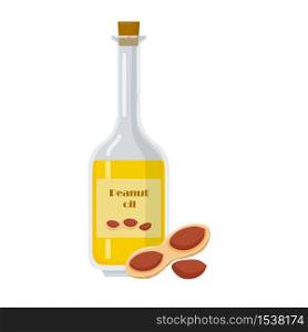 Bottle with peanut oil and nuts on white background. Organic healthy product in glass flask. Liquid for cosmetic procedure vector illustration.