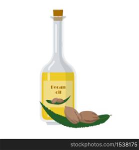 Bottle with pecan oil with seeds and leaf. Glass Packaging with cork isolated on white background vector illustration.