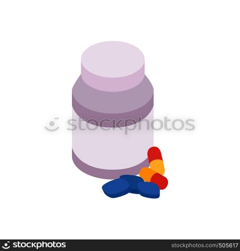 Bottle with pills icon in isometric 3d style on a white background. Bottle with pills icon, isometric 3d style