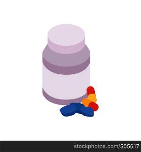 Bottle with pills icon in isometric 3d style on a white background. Bottle with pills icon, isometric 3d style